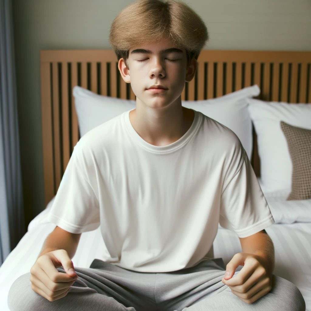 teenager practicing progressive muscle relaxation in bedroom before sleep